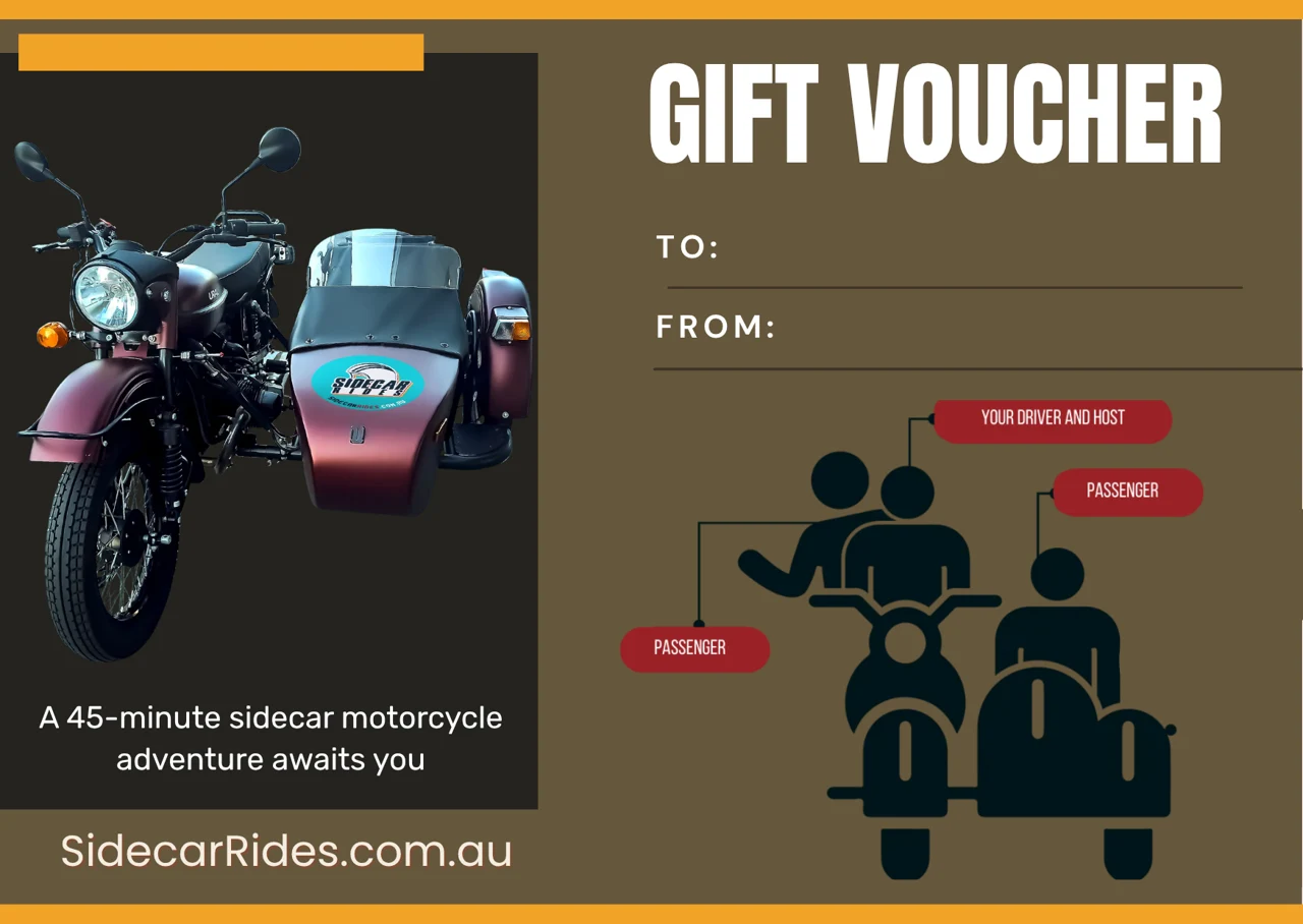 SideCarRides gift voucher for a 45-minute sidecar adventure, with spaces for To and From